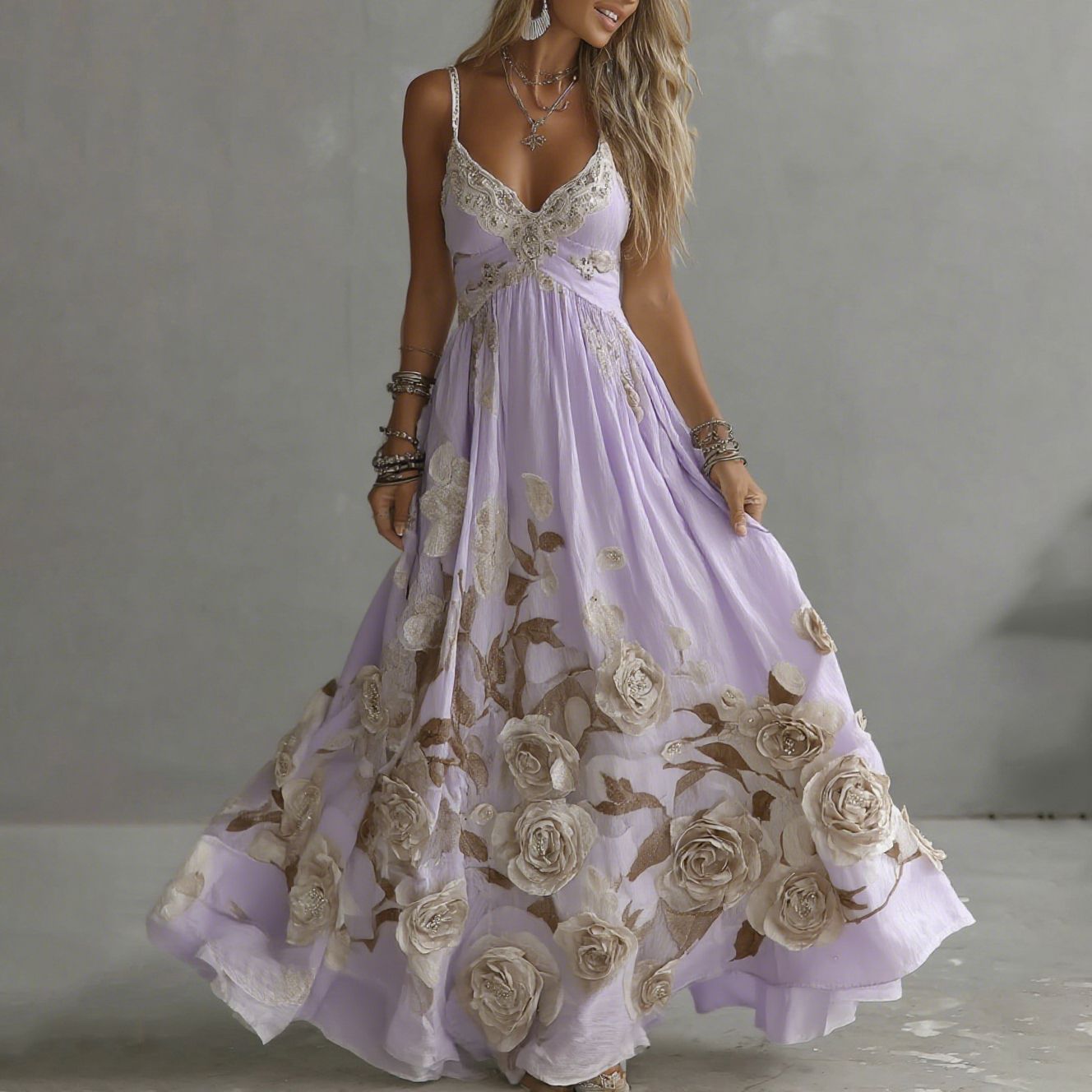 Adeluna - Vestido Largo Con Rosa Vintage y Bordado